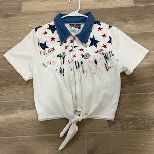 Ozark Mountain Jean Co Crop 80s Tie-Front VTG Shirt M Western Cowgirl Rodeo